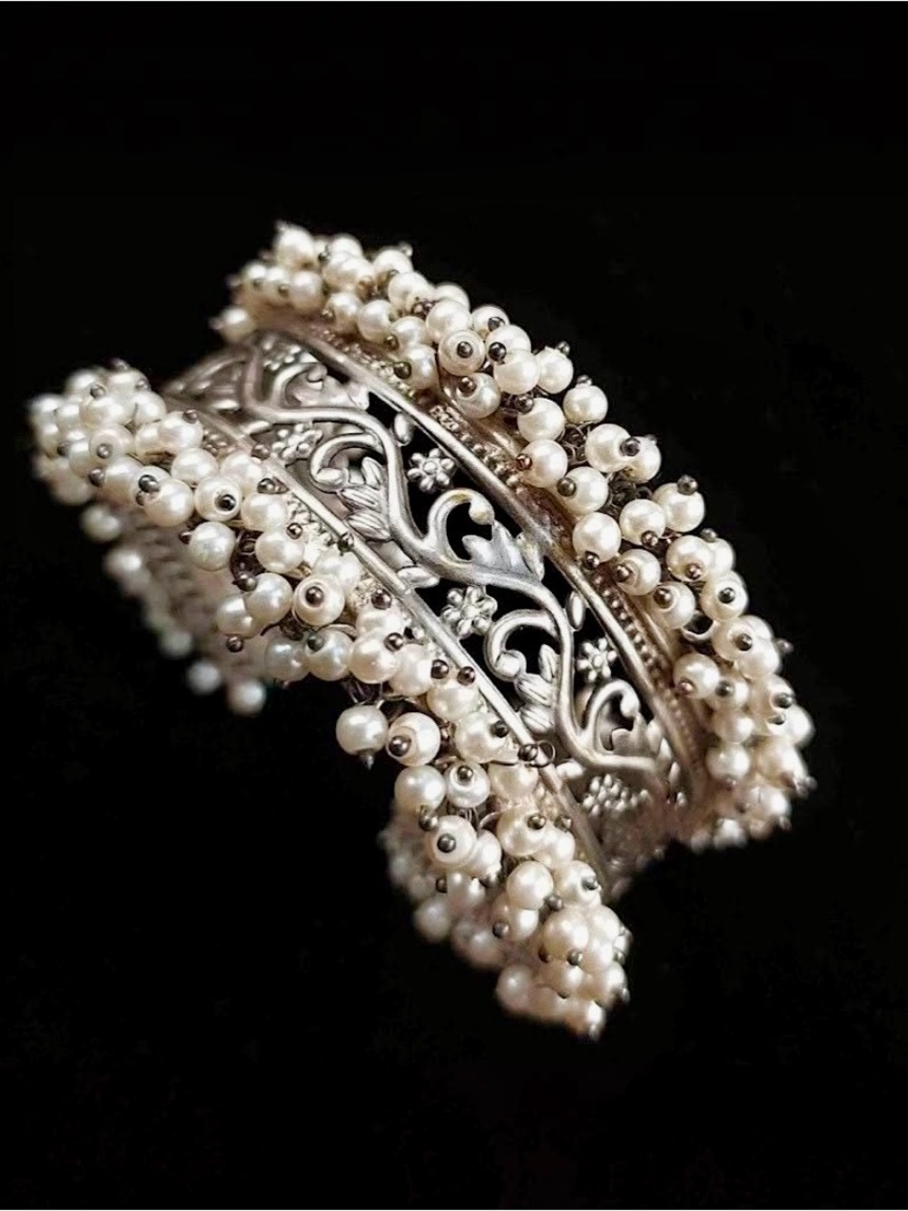 Silver Pearl Cluster Cuff Bracelet - Women Jewelry